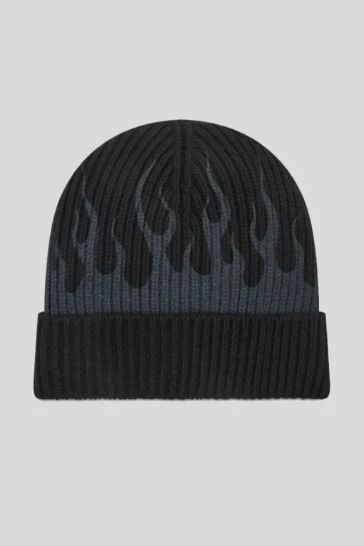 Cuffia Lana Nera Con Fiamme Grigie - Black