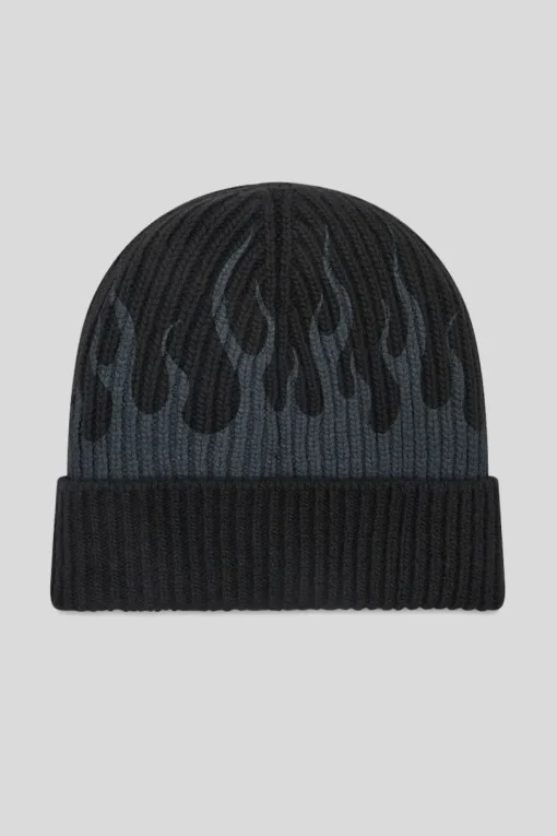 Cuffia Lana Nera Con Fiamme Grigie - Black
