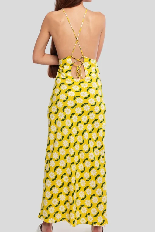 Ladies Dress - Yellow Linear Floral