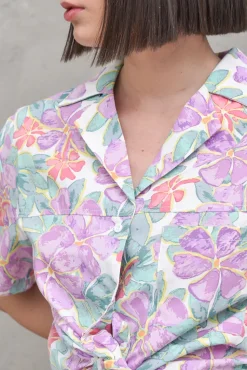 Oversized Short Sleeve Shirt - Purple Flower