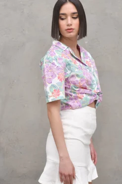 Oversized Short Sleeve Shirt - Purple Flower