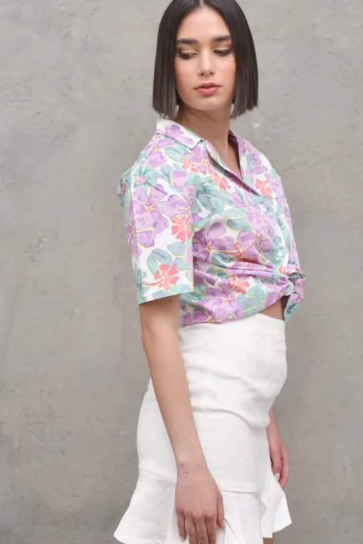 Oversized Short Sleeve Shirt - Purple Flower