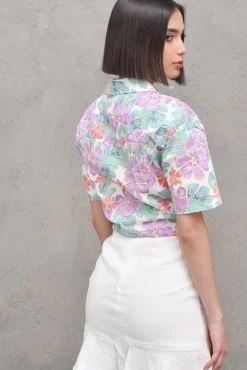 Oversized Short Sleeve Shirt - Purple Flower