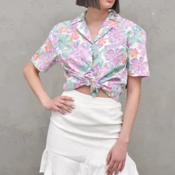Oversized Short Sleeve Shirt - Purple Flower