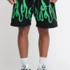 Shorts With Green Spray Flames - Black