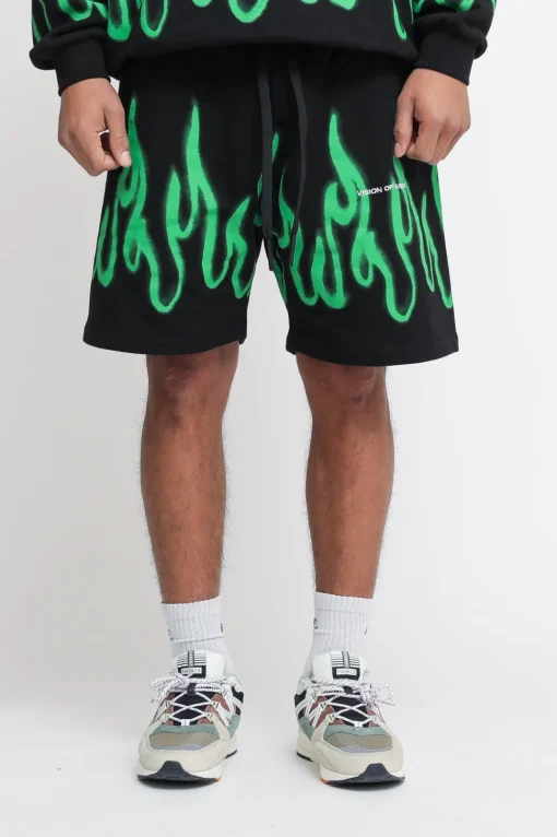 Shorts With Green Spray Flames - Black