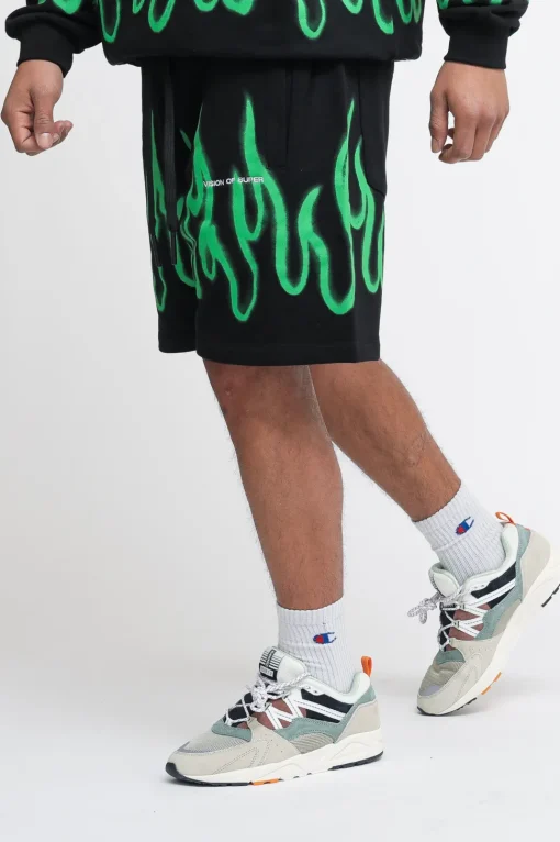 Shorts With Green Spray Flames - Black