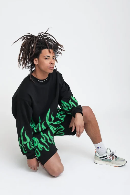 Shorts With Green Spray Flames - Black