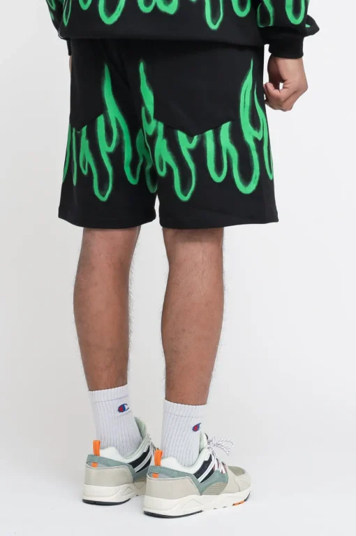 Shorts With Green Spray Flames - Black