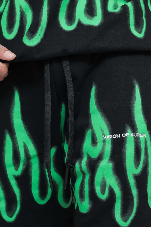 Shorts With Green Spray Flames - Black