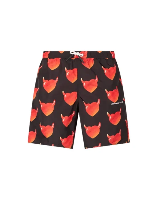 Swimwear With All Over "Vos Hearts" And White Logo - Black