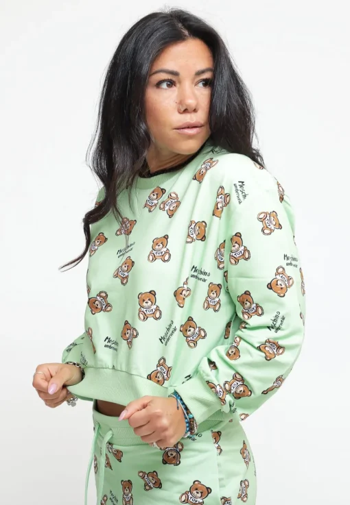 Teddy Bear Print Stretch Fleece Crop - Green