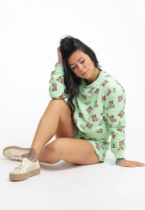 Teddy Bear Print Stretch Fleece Crop - Green