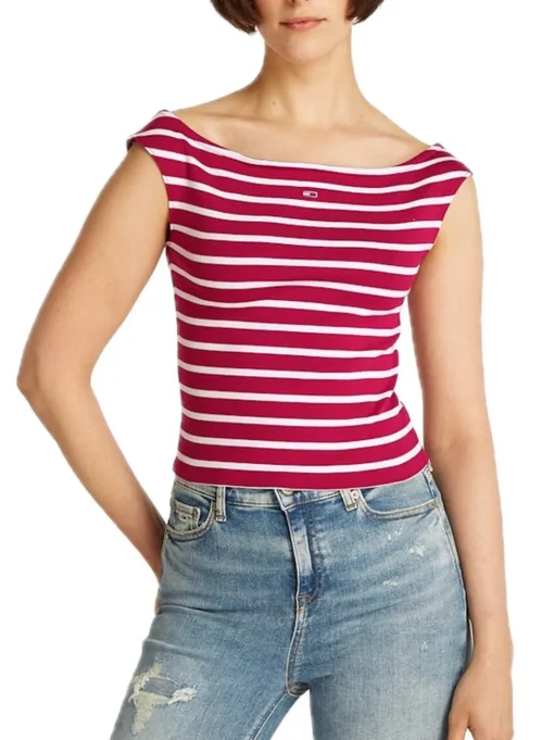 TJW Boat Neck Top SS EXT - Brillant Berry/Stripe